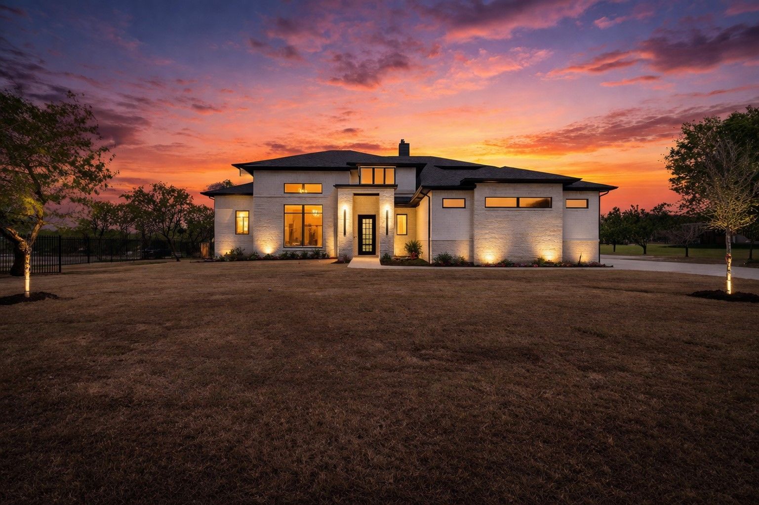 Finished Willow Grove custom home on Gannon Way at dusk